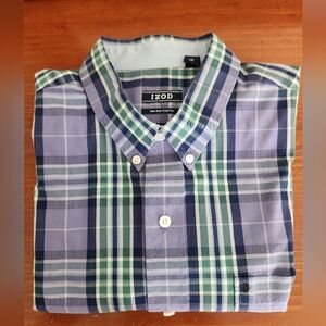 Izod Men's Purple and Green Plaid Button Down Short Sleeve No-iron Shirt L